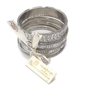 Amrita Singh Rhinestone Austrian Crystal 9 Piece Bangle set, Silver Tone. NWT.